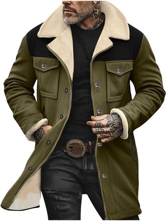 Generic Mens Suede Trench Coat Fuzzy Sherpa Lined Winter Warm Long Jackets Notched Lapel Collar Stylish Casual Coats Army Green