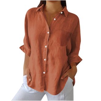 Generic Womens Linen Shirts UK Sale Clearance Long Sleeve Tops Button Down Blouses Cotton Linen Tunic Tops Ladies Loose Casual Lapel Neck Shirt Plain Longline