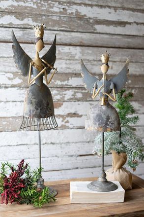 Kalalou Set Of Two Metal Angels Playing Musical Instruments