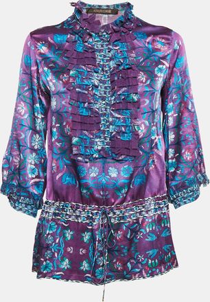 Roberto Cavalli Purple Floral Print Silk Ruffled Top