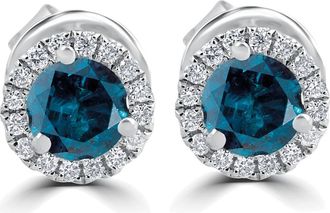Pompeii3 1Ct Blue Diamond Halo Studs 10k White Gold Earrings