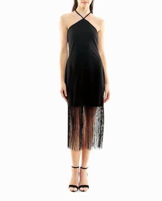Nicole Miller Sylvie Stretch Crepe Fringed Sheath Dress In Very Black