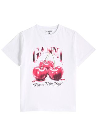 Ganni Cherry Printed Cotton T-shirt - White And Red - M (UK12 / M)