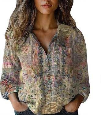 Generic Women Cotton Shirt Printed Fashion Button Down Shirts Casual Tops Long Sleeve Blouse Classic Fit V Neck (Beige, S)