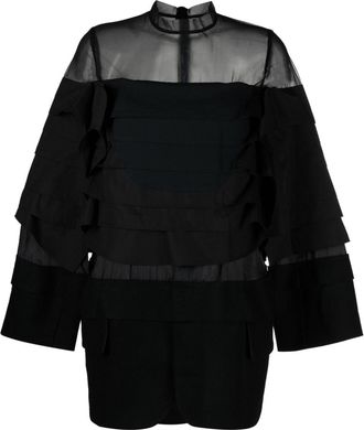sacai layered-effect panelled minidress - women - Wool/Cotton/Polyester/Cupro - 2 - Black