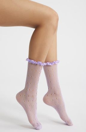High Heel Jungle Mimi Satin Ruffle Lace Crew Socks in Purple at Nordstrom
