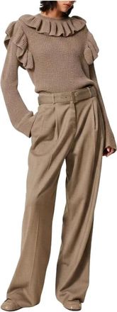 Twinset Matte Satin Wide-Leg Broeken - Dames - Wijde Broeken - Beige - M - Wol - Broeken