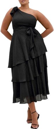 City Chic Metallic One-Shoulder Tiered Dress in Black/Silver at Nordstrom, Size Xxxs