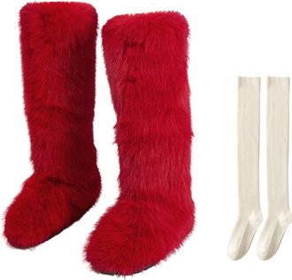 Generic Furry Boots for Women Thigh High, Over the Knee Fluffy High Boots, Tall Flat Winter Snow Warm Winter Shoes (H,5.5)