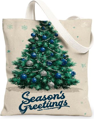 Generic Christmas Tree Canvas Tote Bags, Holiday Design Reusable Grocery Bags, Winter Rustic Lightweight Washable Shoulder Strap Canvas for Travel Picnic 13x1