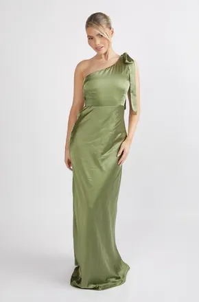 Six Stories Bow One Shoulder Satin Bridesmaid Dress in Moss Green at Nordstrom, Size 10