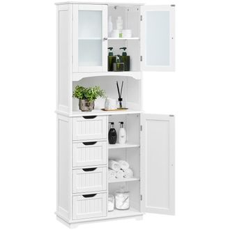 Yaheetech Homevive Armario De Ba&ntilde;o De Almacenamiento Alto Con 4 Cajones Armario Con 2 Puertas De Vidrio Estante Ajustable Aparador De Cocina Blanca 60&times;30&times;165,5 