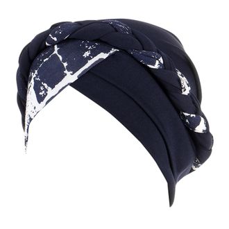Generic AQ899 Chemo Cancer Head Hat Cap Ethnic Pre-Tied Twisted Braid Hair Cover Wrap Headwear Pre Tied Chemo Head Scarf Beanie Skull Cover Cap for Women Navy