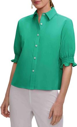 Foxcroft Vivienne Elbow Sleeve Matte Sateen Button-Up Shirt in Kelly Green at Nordstrom, Size X-Large