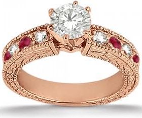 Allurez Antique Diamond & Ruby Engagement Ring 14k Rose Gold (0.75ct)