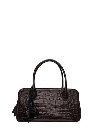 Magda Butrym Borsa Magda Butrym Brigitte in pelle goffrata di coccodrillo marrone scuro con ciondolo a forma di fiore