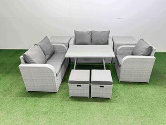 Fimous 7 Seater Rattan Garden Furniture Sets Love Sofa Reclining Chair Set in Light Grey