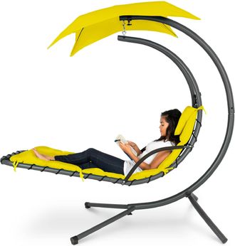 Best Choice Products Hanging Curved Chaise Lounge Chair Swing for Backyard, Patio w/ Pillow, Shade, Stand