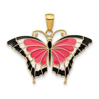 Diamond2Deal 14k Yellow Gold Pink Enameled Butterfly Pendant