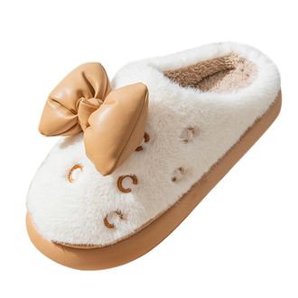 Generic Womens Spring And Winter Bow Home Slippers Thick Sole Lightweight Warm Non Home Cotton Slippers House Slippers with Rubber Soles for Women (White, 4)