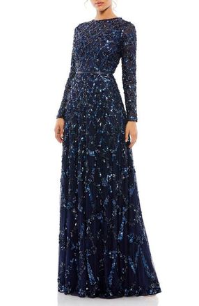 Mac Duggal Embellished Illusion High Neck Long Sleeve A Line Gown in Midnight at Nordstrom, Size 4