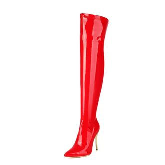 Generic Womens Patent Leather Over The Knee Boots Stiletto High Heel Long Boot with Side Zipper Pointed Toe Thigh High Boots,Red,5.5 UK