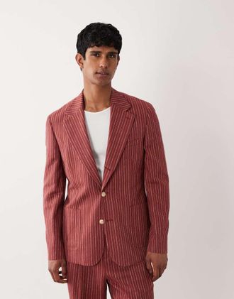 Asos Giacca da abito slim in misto lino color terracotta a righe-Arancione