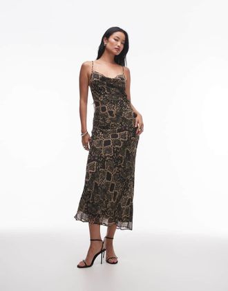 Topshop Vestito sottoveste midi con stampa effetto pelle di serpente, scollo ad anello e dettaglio intrecciato sul retro-Multicolore