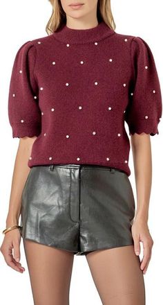 English Factory Embellished Short Sleeve Sweater in Wine at Nordstrom, Size X-Small