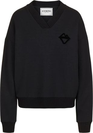 Iceberg Zwarte V-hals sweatshirt met reli&euml;f logo - Dames - Sweatshirts - Zwart - XS - Hoodies & sweatvesten