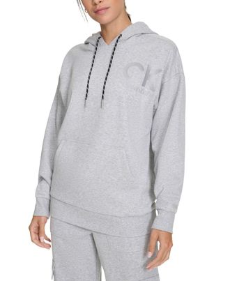 Calvin Klein Hoodie Womens Pearl Gray Eco Fleece Logo Pockets Pullover FTS598