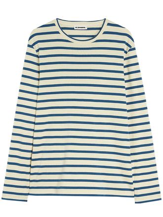 Jil Sander Cream/Blue Stripe Long-Sleeve Cotton Top