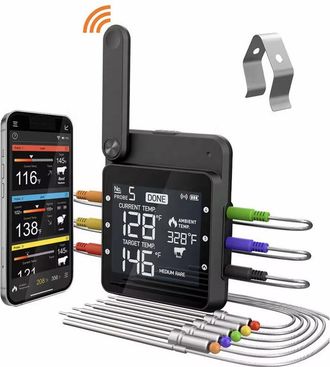 OEM Term&oacute;metro Para Parrilla Wifi, Dos Sondas Inteligentes Inal&aacute;mbricas, Alarma Para Barbacoa Y Ahumador En Interiores Y Exteriores, Compatible Con Todos 