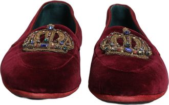 Dolce & Gabbana Mens Burgundy Velvet Crown Slip On Loafers Shoes Leather