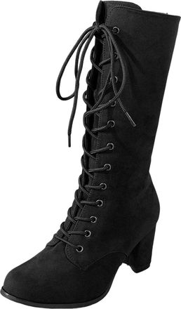 Generic Wide Calf Knee High Boots,Knee High Boots Women,Ladies Chunky Block Heel Lace Up Mid Calf Combat Biker Boots Fall Winter Chunky Mid Heels Suede Boot L