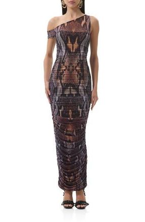 AFRM Biona Printed One-Shoulder Ruched Mesh Maxi Dress in Placed Umber Snake at Nordstrom Rack, Size X-Small
