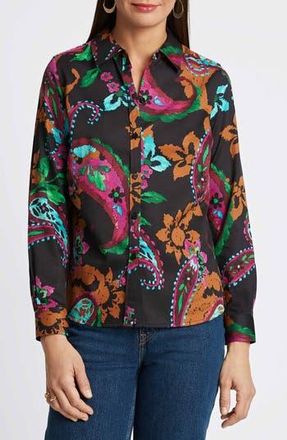Foxcroft Hampton Painted Wrinkle Resistant Button-Up Shirt in Black Multi at Nordstrom Rack, Size Medium