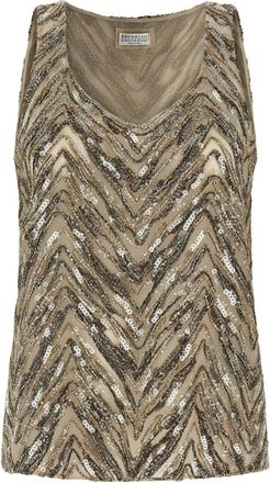 Brunello Cucinelli Beige Dazzling Chevron Embroidery Top