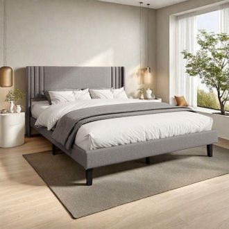 OEM Cama Capitonada 140x200 Cm En Lino Gris - Cama De 2 Plazas - Somier De Lamas De Madera - Cama Doble 140x200 Cm - Estructura De Cama 140x200 Cm
