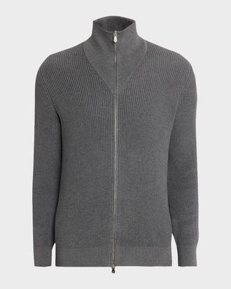 Brunello Cucinelli Men & apos;s Cotton Rib High-Neck Zip Cardigan