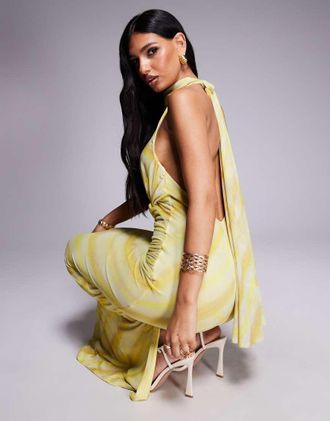 Asos Vestito lungo allacciato al collo e sul retro in rete con stampa sfocata a righe e dettaglio incrociato-Multicolore