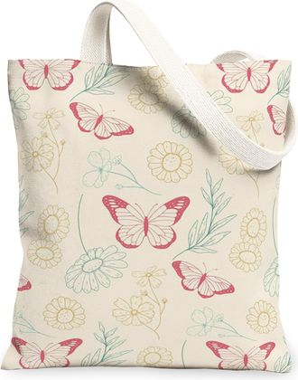 Generic Butterfly Floral Canvas Tote Bags, Nature Pattern Reusable Grocery Bags, Spring Vintage Washable Shoulder Strap Canvas for, Cream, 13x15 Inch