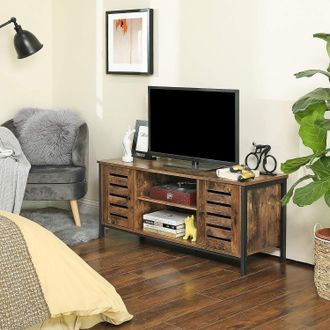 Vasagle Industrial TV Stand Cabinet Shelves Storage Louvered Doors Playroom in Brown