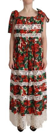 Dolce & Gabbana Multicolor Geranium Print Lace Long Maxi Womens Dress - Multicolour Cotton - Size Large