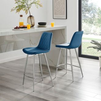 Furniturebox Pesaro Set of 2 Velvet Silver Legs Counter Stools in Navy