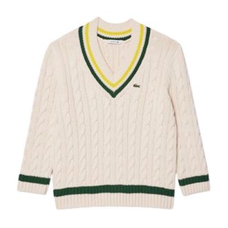 Lacoste Dames Kabelgebreide V-Hals Trui (Beige/Groen)