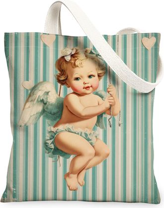 Generic Vintage Angel Canvas Tote Bags, Cute Striped Pattern Reusable Grocery Bags, Lightweight Washable Shoulder Strap Canvas for, Blue, 13x15 Inch