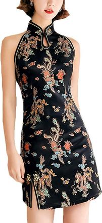 Generic Vintage Cheongsam Costume Short Sleeve Side Slit Floral Print Mandarin Collar Chinese Evening Mini Bodycon Cocktail Outfit, 147-3-black, M