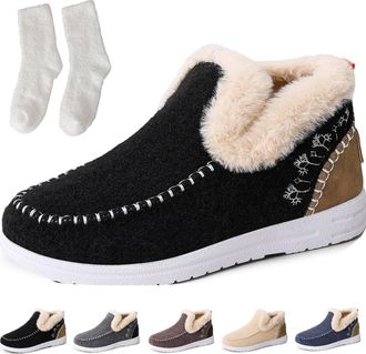 Generic Cozy Orthopedic Fleece Slip-on Boots, Winter Plush Faux Fur Lined Flat Shoes for Men Women, Warm Anti-Slip Casual Loafer (10.5,Black)