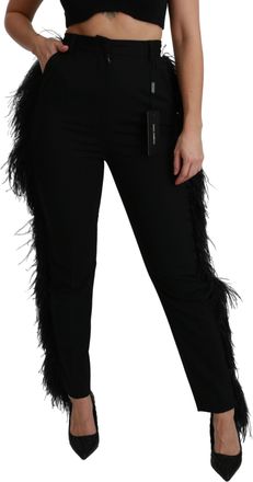 Dolce & Gabbana Black Feather Straight High Waist Wool Womens Pants
